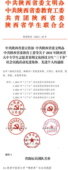 陕西中医药大学“博妍草”社会实践团荣获2021年全国大中专学生志愿者暑期“三下乡”社会实践活动“优秀团队”称号